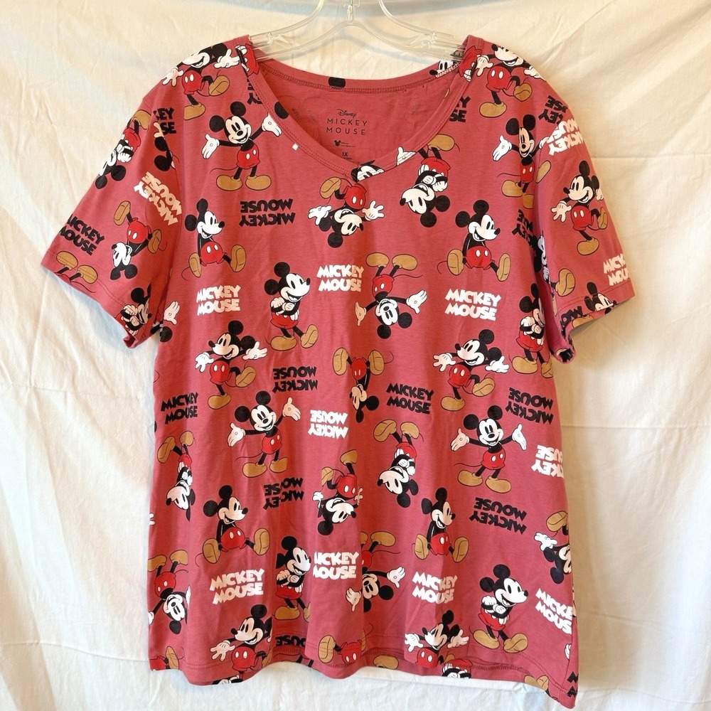 Disney Mickey Mouse T-Shirt 1X Red Pink All Over Print V-Neck Short Sleeve Tee‎